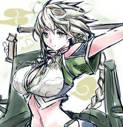 Rule 34 | 10s, 1girl, antlers, bare shoulders, braid, breasts, brown eyes, cleavage cutout, clothing cutout, cloud print, hair ornament, horns, jitome, kantai collection, large breasts, long hair, looking at viewer, midriff, navel, outstretched arm, owju (ouju), pleated skirt, short sleeves, silver hair, single braid, sketch, skirt, smile, solo, unryuu (kancolle), very long hair, wavy hair