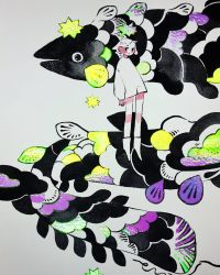 Rule 34 | 1girl, androgynous, eel, full body, highres, long sleeves, looking at viewer, maruti bitamin, no nose, original, painting (medium), scales, shirt, shorts, smile, solo, traditional media, watercolor (medium), white background, white footwear, white shirt, white shorts