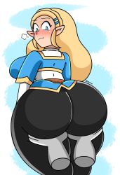 Rule 34 | 1girl, absurdres, annoyed, ass, ass grab, blonde hair, blue eyes, blush, breasts, daisy-pink71, deep skin, from behind, hair ornament, hairclip, highres, huge ass, large breasts, long hair, looking at viewer, looking back, nintendo, pants, pointy ears, princess zelda, shirt, sideboob, solo, the legend of zelda, the legend of zelda: breath of the wild, tight clothes, tight pants, very long hair