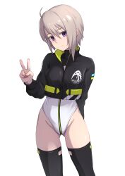 Rule 34 | 1girl, absurdres, alice gear aegis, black eyes, black jacket, black thighhighs, breasts, companion/af, cowboy shot, gluteal fold, grey hair, heattech leotard, highres, hutokumi, jacket, leotard, looking at viewer, murao mira, race queen, short hair, simple background, small breasts, solo, standing, thighhighs, turtleneck, v, white background