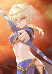 Rule 34 | 1girl, absurdres, aiming, aiming at viewer, arrow (projectile), blonde hair, bow (weapon), breasts, circlet, closed mouth, crop top, detached sleeves, dusk, floating hair, genshin impact, hair between eyes, highres, holding, holding arrow, holding bow (weapon), holding weapon, long sleeves, looking at viewer, lumine (genshin impact), midriff, navel, orange eyes, outdoors, red sky, short hair with long locks, sidelocks, sky, small breasts, solo, standing, stomach, tane1379, twitter username, veil, weapon