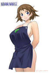 Rule 34 | 10s, 1girl, apron, bare shoulders, blue eyes, blush, breasts, brown hair, character name, cleavage, cowboy shot, earrings, gundam, gundam build divers, highres, jewelry, large breasts, looking at viewer, naked apron, nanase nanami (gundam build divers), short hair, shoumaru (gadget box), sideboob, simple background, skindentation, smile, solo, thighs, white background