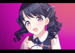 Rule 34 | 1girl, artist request, black hair, close-up, commentary request, dress, fangs, fukumaru koito, gradient background, hair ribbon, highres, idolmaster, idolmaster shiny colors, long sleeves, looking at viewer, medium hair, open mouth, plaid, plaid dress, purple background, purple eyes, ribbon, simple background, skin fangs, solo, twintails, upper body
