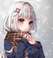 Rule 34 | 1girl, black coat, blunt bangs, blush, bow, breasts, breath, brown scarf, closed mouth, coat, enpera, expressionless, eyelashes, fingers together, gradient background, hair bow, hair flaps, hair ornament, highres, large breasts, long sleeves, medium breasts, original, pink lips, plaid, plaid scarf, purple bow, purple eyes, red bow, scarf, sherypton, shoes, sleeves past wrists, snow, solo, steepled fingers, upper body, x hair ornament