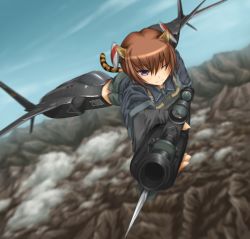 Rule 34 | 1girl, animal ears, bayonet, brown hair, cat ears, cat tail, commentary, fingerless gloves, gloves, gun, j-20, looking at viewer, military, one eye closed, original, short hair, solo, strike witches, striker unit, tail, tom-neko (zamudo akiyuki), weapon, wink, world witches series