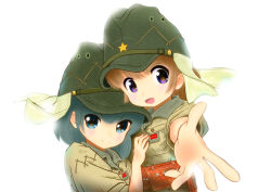 Rule 34 | 2girls, backlighting, black hair, blue eyes, brown hair, female focus, hand on another&#039;s chest, hat, imperial japanese army, leaning, leaning on person, looking at viewer, m tap, mae tap, military, military uniform, multiple girls, open mouth, original, outstretched hand, pouch, purple eyes, simple background, smile, soldier, uniform, upper body, white background, world war ii