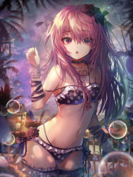 Rule 34 | 1girl, bad id, bad pixiv id, bare shoulders, bikini, breast tattoo, breasts, bridal garter, bubble, candle, choker, cleavage, commentary request, cotn7806, flower, frilled bikini, frills, hair between eyes, hair flower, hair ornament, hand up, highres, lantern, long hair, looking at viewer, medium breasts, navel, open mouth, original, outdoors, palm tree, pink eyes, pink hair, polka dot, polka dot bikini, sky, solo, standing, strap slip, swimsuit, tattoo, tree