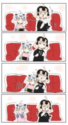 Rule 34 | 2girls, 4koma, ahoge, anger vein, arrow (symbol), baozi, blonde hair, blush stickers, comic, couch, eating, fate/grand order, fate (series), food, headpiece, highres, hungry, jeanne d&#039;arc (fate), jeanne d&#039;arc alter (avenger) (fate), jeanne d&#039;arc alter (fate), jeanne d&#039;arc alter santa lily (fate), multiple girls, nintendo switch, phone, ranf, ribbon, shirt, silent comic, silver hair, t-shirt, yellow eyes