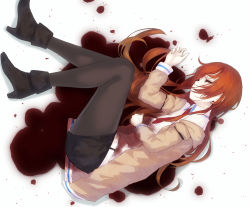 Rule 34 | 1girl, blood, closed eyes, highres, jacket, la-na, pantyhose under shorts, long hair, lying, makise kurisu, necktie, on side, pantyhose, red hair, red necktie, shorts, solo, steins;gate