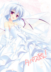 Rule 34 | 1girl, :d, bad id, bad pixiv id, bare shoulders, bat wings, blue hair, bridal gauntlets, dress, fang, jewelry, looking at viewer, motomiya mitsuki, necklace, open mouth, remilia scarlet, short hair, smile, solo, strapless, strapless dress, touhou, veil, wedding dress, wings
