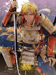 Rule 34 | 1boy, adapted costume, armor, bad id, bad twitter id, blonde hair, blue eyes, broken moon, flower, holding, holding sword, holding weapon, japanese armor, jaune arc, katana, lily (flower), looking at viewer, male focus, moon, on one knee, rwby, scabbard, serious, sheath, short hair, solo, sumiwow, sword, weapon, yellow flower