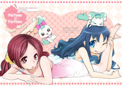Rule 34 | 10s, 2girls, ;q, animal, barefoot, blue eyes, bow, chypre (heartcatch precure!), coffret (heartcatch precure!), cover, cover page, dress, hanasaki tsubomi, heartcatch precure!, kokkoro (nullcan), kurumi erika, leg grab, leg up, long hair, lying, multiple girls, object on head, off shoulder, on stomach, one eye closed, pink bow, precure, red eyes, smile, strap slip, tongue, tongue out, twintails, wink