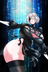 Rule 34 | 1girl, 2b (nier:automata), alternate breast size, artist request, ass, black blindfold, black dress, blindfold, clothing cutout, covered eyes, curvy, dress, feather-trimmed sleeves, feather trim, gloves, highleg, highleg leotard, huge ass, leotard, leotard under clothes, mole, mole under mouth, nier:automata, nier (series), shiny skin, solo, thick thighs, thighhighs, thighs, white hair, white leotard, wide hips