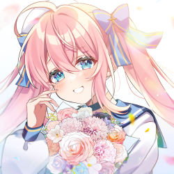 Rule 34 | 1girl, ahoge, anzu 1026, blue choker, blue eyes, blue sailor collar, bouquet, bow, choker, flower, hair between eyes, hair bow, hand up, highres, kirano sion, liver city, long hair, long sleeves, looking at viewer, open mouth, petals, pink hair, puffy sleeves, sailor collar, smile, solo, tears, upper body, virtual youtuber