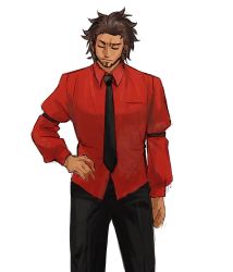 Rule 34 | 1boy, ace attorney, arm at side, beard, black necktie, black pants, breast pocket, brown hair, closed eyes, closed mouth, collared shirt, cowboy shot, dark-skinned male, dark skin, diego armando, earrings, facial hair, forehead, godzillapigeon1, hand on own hip, highres, jewelry, long sleeves, male focus, multiple earrings, necktie, pants, phoenix wright: ace attorney - trials and tribulations, pocket, red shirt, shirt, short hair, simple background, solo, standing, white background