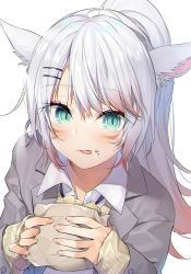 Rule 34 | 1girl, :p, animal ears, aqua eyes, warrior of light (ff14), cat ears, cat girl, eating, final fantasy, final fantasy xiv, food, food on face, gradient hair, grey jacket, highres, jacket, long hair, long sleeves, looking at viewer, miqo&#039;te, multicolored hair, pink hair, ponytail, sleeves past wrists, slit pupils, sweater, tongue, tongue out, white hair, yana mori, yellow sweater