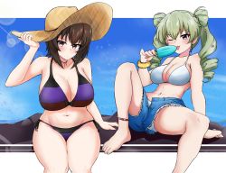 Rule 34 | 2girls, adjusting clothes, adjusting headwear, alternate hairstyle, amogan, anchovy (girls und panzer), anklet, barefoot, bikini, bikini under clothes, blue shorts, blue sky, blush, bow, bow bikini, breasts, brown eyes, brown hair, brown headwear, clear sky, closed mouth, cloud, cloudy sky, commentary, commission, cutoffs, day, denim, denim shorts, double bun, drill hair, eating, food, foot up, frown, fur bracelet, girls und panzer, girls und panzer senshadou daisakusen!, green hair, hair bun, hair ornament, halterneck, hat, highres, holding, holding food, horizon, jewelry, knee up, large breasts, lens flare, licking, long hair, looking at viewer, medium breasts, multiple girls, navel, nishizumi maho, official alternate costume, on rock, one eye closed, open fly, outdoors, outside border, pixiv commission, popsicle, purple bikini, red eyes, rock, short hair, shorts, side-by-side, side-tie bikini bottom, sitting, sky, star (symbol), star hair ornament, straw hat, sun hat, swimsuit, tongue, tongue out, torn clothes, torn shorts, twin drills, twintails, upshorts, white bikini