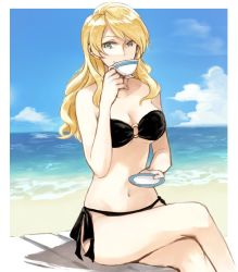 Rule 34 | 10s, 1girl, bad id, bad twitter id, bandeau, beach, bikini, black bikini, breasts, closed mouth, cloud, cloudy sky, commentary, crossed legs, cup, darjeeling (girls und panzer), day, drinking, girls und panzer, hair down, holding, holding cup, holding saucer, long hair, looking at viewer, medium breasts, o-ring, o-ring bikini, ocean, outdoors, outside border, saucer, side-tie bikini bottom, sitting, sky, smile, solo, strapless, strapless bikini, swept bangs, swimsuit, teacup, thighs, yuuyu (777)