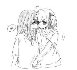 Rule 34 | 2girls, blush, closed eyes, closed mouth, collarbone, commentary, doodle943545, greyscale, hair ribbon, hashtag-only commentary, holding another&#039;s wrist, inoue takina, kiss, kissing cheek, long hair, lycoris recoil, monochrome, multiple girls, nishikigi chisato, one side up, ribbon, shirt, short hair, sidelocks, simple background, sketch, translation request, upper body, yuri