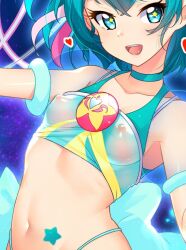 Rule 34 | 1girl, close-up, covered erect nipples, green eyes, green hair, hagoromo lala, heart, looking at viewer, navel, open mouth, precure, rumo, short hair, solo, sports bra, star-shaped pupils, star (symbol), star twinkle precure, symbol-shaped pupils, teeth, thong, tongue, upper teeth only