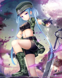 Rule 34 | &gt;:/, 10s, 1girl, 2016, :/, belt, bike shorts, black gloves, black shorts, blue hair, boots, breasts, camouflage, cleavage, company name, cross-laced footwear, debris, english text, female focus, full moon, gloves, hand on own hip, hat, highres, knee boots, last chronicle, long hair, lost crusade, medium breasts, moon, namaru (summer dandy), outdoors, outstretched arm, purple eyes, short sleeves, shorts, skirt, solo, square enix, sword, twintails, v-shaped eyebrows, very long hair, watermark, weapon