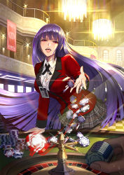 Rule 34 | 10s, 1girl, ahegao, apostate, arm support, black pantyhose, black ribbon, blazer, blunt bangs, breasts, casino, chandelier, checkered floor, hime cut, indoors, jabami yumeko, jacket, kakegurui, large breasts, lens flare, long hair, looking at viewer, miniskirt, motion blur, name tag, open mouth, pantyhose, pleated skirt, poker chip, purple hair, red eyes, red jacket, ribbon, roulette, roulette table, school uniform, skirt, smile, solo, solo focus, sweat, table, tongue, unbuttoned, very long hair