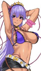 Rule 34 | 1girl, absurdres, bare shoulders, bb (fate), bb (fate) (all), bb (swimsuit mooncancer) (fate), bb (swimsuit mooncancer) (second ascension) (fate), belt, bikini, black shorts, blush, bouhatei (t-back), breasts, cleavage, dark-skinned female, dark skin, fate/grand order, fate (series), hair ornament, hair ribbon, hairband, highres, large breasts, licking lips, long hair, looking at viewer, micro shorts, navel, neck ribbon, purple bikini, purple eyes, purple hair, ribbon, shorts, smile, solo, star (symbol), star hair ornament, swimsuit, tan, tongue, tongue out, very long hair