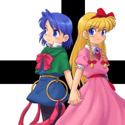 Rule 34 | 2girls, back-to-back, blonde hair, blue eyes, blue hair, blush, bow, braid, brooch, capelet, carrie fernandez, castlevania (series), castlevania: legacy of darkness, castlevania: rondo of blood, child, crossover, dress, artistic error, flat chest, hair bow, holding hands, interlocked fingers, jewelry, konami, long hair, maria renard, multiple girls, multiple hair bows, pantyhose, ribbon, sash, short hair, smile, stupa13a, twin braids
