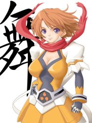 Rule 34 | 00s, 1girl, black gloves, bodysuit, bracelet, breasts, brown hair, cleavage, clenched hand, elbow gloves, gloves, jewelry, large breasts, looking at viewer, my-otome, orange shirt, purple eyes, red scarf, scarf, shirt, short hair, simple background, solo, t2r, tokiha mai, white background