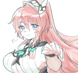 Rule 34 | antenna hair, arm up, blue eyes, braid, breasts, cleavage, dragalia lost, fingernails, flustered, hair ornament, high ponytail, large breasts, louise (dragalia lost), non-web source, pink hair, reaching, reaching towards viewer, shirt, side braid, smile, solo, underboob, white background, white shirt