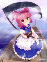 Rule 34 | 1girl, boat, female focus, hair bobbles, hair ornament, highres, nanarinca, obi, onozuka komachi, puffy sleeves, red eyes, red hair, sash, scythe, short hair, short sleeves, smile, solo, touhou, twintails, two side up, watercraft, weapon, aged down