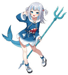 Rule 34 | 1girl, :d, animal costume, blue eyes, blue hair, blue hoodie, blue nails, blue socks, commentary, drawstring, fins, fish tail, full body, gawr gura, gawr gura (1st costume), grey hair, hair ornament, hand up, holding trident, hololive, hololive english, hood, hood down, hoodie, long hair, long sleeves, mauve, multicolored hair, nail polish, open mouth, shark costume, shark tail, sharp teeth, shoes, simple background, sleeves past wrists, smile, socks, solo, standing, standing on one leg, streaked hair, tail, teeth, two side up, virtual youtuber, white background, white footwear, wide sleeves