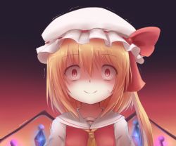 Rule 34 | 1girl, anger vein, angry, ascot, blonde hair, constricted pupils, false smile, flandre scarlet, gradient background, hat, highres, kuro (baseball0000), red eyes, shaded face, short hair, side ponytail, smile, solo, touhou, trembling, wings