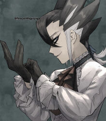 Rule 34 | 1boy, adjusting clothes, adjusting gloves, ascot, black hair, buttons, commentary request, creatures (company), eyelashes, eyeliner, fang, game freak, gloves, grey hair, grimsley (pokemon), hands up, high collar, long hair, long sleeves, makeup, male focus, multicolored hair, nintendo, parted lips, pointy hair, pokemon, pokemon sm, shirt, skin fang, smile, solo, two-tone hair, upper body, yamanashi taiki