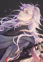 Rule 34 | 1boy, ahoge, black background, black shirt, fate/grand order, fate (series), hair between eyes, highres, holding, holding staff, long hair, looking at viewer, male focus, merlin (camelot &amp; co) (fate), merlin (fate), official alternate costume, petals, pointy ears, purple eyes, purple scarf, scarf, shirt, smile, solo, staff, very long hair, yu (jhyu0418)