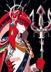 Rule 34 | 1girl, black background, breasts, colored skin, fins, fish girl, hair ornament, hand up, highres, holding, holding polearm, holding weapon, jewelry, long hair, mipha, monster girl, multicolored skin, nintendo, no eyebrows, pointy ears, polearm, red hair, red skin, senzo6700, simple background, small breasts, smile, solo, spear, the legend of zelda, the legend of zelda: breath of the wild, weapon, zora