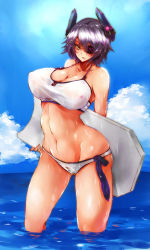 Rule 34 | 10s, 1girl, arched back, arms behind back, bare shoulders, bikini, blue sky, blush, boogie board, breasts, cleavage, cloud, collarbone, covered erect nipples, curvy, day, eyepatch, female focus, glowing, gond, gradient background, headgear, highres, kantai collection, kickboard, large breasts, looking at viewer, navel, necktie, ocean, open mouth, outdoors, parted lips, partially submerged, purple hair, shiny skin, short hair, sky, smile, solo, stomach, swimsuit, tenryuu (kancolle), toned, wading, water, wet, wet clothes, wet swimsuit, white bikini, wide hips, yellow eyes