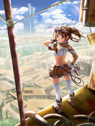 Rule 34 | 1girl, asymmetrical clothes, beek, blue eyes, boots, brown hair, cityscape, cloud, day, gloves, goggles, goggles on head, highres, legs, looking back, original, ponytail, pouch, scenery, shorts, single glove, sky, smile, solo, thighhighs