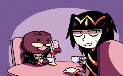 Rule 34 | 1boy, 1girl, :d, black hair, blunt bangs, cape, chair, commentary, cup, energy drink, english commentary, fire emblem, holding, looking away, nintendo, open mouth, pouring, purple background, robin (fire emblem), setz, sitting, smile, spurdo bear, sweatdrop, table, teacup, tharja (fire emblem), two side up