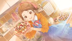 Rule 34 | 1girl, 22/7, 22/7 ongaku no jikan, apron, banana, blue apron, blueberry, bow, bowtie, braid, brown eyes, brown hair, chocolate, cowboy shot, dutch angle, food, fruit, game cg, glint, hair bow, hair ribbon, happy valentine, high ponytail, highres, holding, holding plate, holding spatula, hood, hooded jacket, hosoi mieko, jacket, jar, kitchen, kono miyako, light particles, looking at viewer, official art, open clothes, open jacket, open mouth, orange jacket, pancake, pancake stack, plate, red bow, red bowtie, ribbon, school uniform, shirt, smile, soap bottle, solo, sparkle, spatula, strawberry, striped towel, sunlight, takoyaki, teeth, tray, upper teeth only, utensil rack, whipped cream, white shirt, window