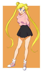 1girl :d absurdres arms_behind_back bazz000033 bishoujo_senshi_sailor_moon black_skirt blonde_hair blue_eyes double_bun full_body hair_bun highres long_hair looking_at_viewer open_mouth pink_shirt shirt shoes skirt smile socks solo tsukino_usagi twintails very_long_hair white_socks