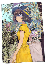 Rule 34 | 1girl, :o, bag, blue eyes, border, brown hair, canvas (object), dress, dutch angle, eyepatch, flat color, flower, garden, hat, indoors, inko (mini), looking at viewer, looking back, original, plant, short hair, solo, window, yellow dress