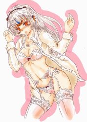 Rule 34 | 1girl, artist request, barcode, blush, bra, breasts, cleavage, crown, dress, dress shirt, elsword, eve (elsword), frown, garter belt, hairband, lingerie, midriff, navel, open clothes, open shirt, panties, pink panties, pink thighhighs, red eyes, shirt, solo, source request, thighhighs, underwear