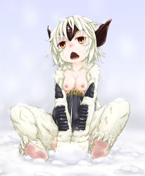 Rule 34 | 1girl, animal ears, animal hands, barefoot, breasts, capcom, feet, lagombi, monster girl, monster hunter, monster hunter (series), monster hunter portable 3rd, nipples, open mouth, personification, sitting, snow, soles, spread legs, toes, white hair, yellow eyes