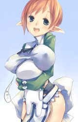 Rule 34 | 1girl, :d, ascot, belt, between breasts, blue eyes, blush, bow, breast rest, breast smother, breasts, breasts on head, carried breast rest, carrying, covered erect nipples, demon girl, disgaea, face to breasts, frills, gem, green shirt, holding, hug, hug from behind, huge breasts, impossible clothes, impossible shirt, large breasts, loincloth, looking at viewer, magic knight (disgaea), makai senki disgaea 2, mikage sekizai, naughty face, nippon ichi, open mouth, orange hair, parted bangs, pointy ears, red hair, shirt, short hair, smile, smother, solo, speech bubble, standing, striped, taut clothes, taut shirt, thighhighs, translated, turtleneck, wristband, zettai ryouiki