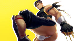 Rule 34 | 1boy, ass, ass focus, bara, bare shoulders, black gloves, black hair, blonde hair, bulge, covered abs, crotchless, crotchless pants, dagger, facial hair, fingerless gloves, fundoshi, gloves, highres, japanese clothes, knife, large pectorals, leg lift, male focus, male underwear, multicolored hair, muscular, ninja, original, pants, pectorals, shirt, short hair, skin tight, sleeveless, sleeveless shirt, solo, standing, standing on one leg, streaked hair, stubble, thick thighs, thighs, veins, weapon, white male underwear, yzpyn