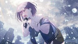 Rule 34 | 1girl, bang dream!, bang dream! it&#039;s mygo!!!!!, bare shoulders, blush, brown eyes, brown hair, cityscape, cloud, cloudy sky, collared shirt, commentary request, copyright notice, earrings, grey hair, guest art, hand on own chest, jacket, jewelry, koh rd, long sleeves, microphone, off shoulder, official art, open mouth, rain, second-party source, shirt, short hair, sky, sleeveless, sleeveless shirt, snowing, solo, takamatsu tomori, white shirt, yellow eyes