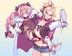 Rule 34 | &gt; &lt;, &gt;o&lt;, 1boy, 1girl, astolfo (fate), bandeau, belt, black bow, black ribbon, blonde hair, bow, braid, braided ponytail, cape, carrying, closed eyes, commission, denim, denim shorts, fang, fate/apocrypha, fate (series), fur trim, garter straps, gradient background, hair intakes, hair ornament, hair ribbon, hair scrunchie, hand on another&#039;s cheek, hand on another&#039;s face, ikiruse, jacket, kicking, long braid, looking at another, mordred (fate), mordred (fate/apocrypha), mordred (memories at trifas) (fate), multicolored hair, pink hair, ponytail, princess carry, pushing, pushing away, red jacket, red scrunchie, ribbon, scrunchie, shorts, signature, single braid, streaked hair, thighhighs, trap