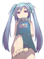 Rule 34 | 1girl, barefoot, blue hair, collar, feet, female focus, foot focus, foreshortening, from below, katame (irritate), long hair, name tag, nymph (sora no otoshimono), one-piece swimsuit, school swimsuit, solo, sora no otoshimono, swimsuit, toes, twintails
