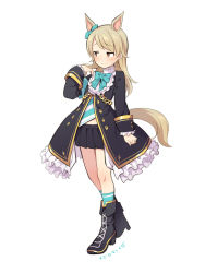 Rule 34 | 1girl, animal ears, aqua bow, aqua bowtie, aqua socks, armband, black footwear, black jacket, black skirt, blush, boots, bow, bowtie, brown eyes, clenched hand, collar, commentary request, cosplay, dot nose, extra ears, frilled collar, frilled jacket, frills, full body, hair ribbon, hand up, highres, horse ears, horse girl, horse tail, idolmaster, idolmaster cinderella girls, jacket, legs, light brown hair, long hair, long sleeves, looking away, mejiro mcqueen (umamusume), mejiro mcqueen (umamusume) (cosplay), miniskirt, morikubo nono, open clothes, open jacket, pleated skirt, ribbon, shirt, skirt, smile, socks, solo, standing, striped clothes, striped shirt, tail, thighs, uccow, umamusume, wavy mouth, white background